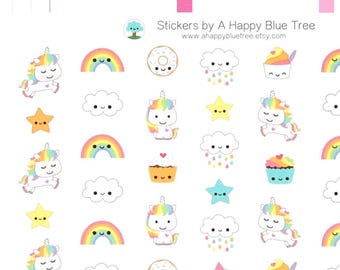 Happy Unicorn Rainbow Themed Stickers Erin Condren Life Planner ECLP Mambi Personal A5 Plum Kikkik Kawaii Cute Funny Clouds Cupcake