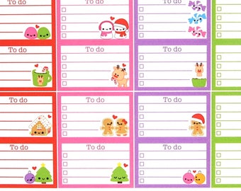 Peut inclure: Une feuille de 16 autocollants de liste de choses à faire colorés avec de jolies illustrations sur le thème des fêtes. Les autocollants sont disposés en grille de 4x4 et présentent des images de personnages en pain d'épices, de rennes, de bonhommes de neige, de sapins de Noël et d'autres motifs festifs.