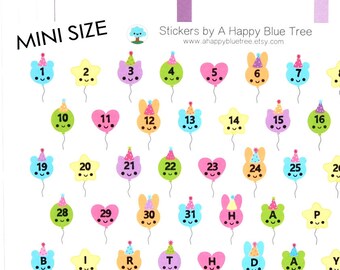 MINI Happy Birthday Balloons Countdown Stickers (or MINI Date Covers)  Erin Condren Life Planner ECLP Mambi Plum Kikkik Kawaii Cute Funny