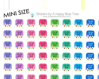 May include: A sheet of colorful stickers with the text "Color Hair" on each sticker. The stickers are arranged in a grid pattern and feature a variety of colors, including pink, blue, green, and purple. The stickers are designed to be used in a planner or journal.