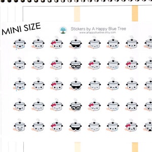 Peut inclure: Une feuille de 48 mini autocollants représentant des casseroles de dessin animé avec différentes expressions faciales. Les autocollants sont blancs avec des contours noirs et présentent diverses expressions comme le bonheur, la tristesse, la surprise et la colère. Le texte "MINI SIZE" est en haut de la feuille, et le texte "Stickers by A Happy Blue Tree" est en haut à droite.