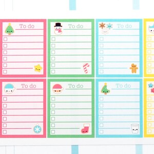 May include: Eight Christmas-themed to-do list stickers with a variety of festive icons, including a snowman, a gingerbread man, a Christmas tree, and a stocking. Each sticker has a white background with a colored border and a section for writing a to-do list.