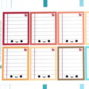 May include: Set of eight printable planner stickers with a lined paper design and a red heart in the top right corner. Each sticker has a different color border: red, orange, yellow, brown, light blue, dark blue, green, and turquoise.