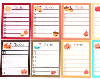 Peut inclure: Neuf autocollants de liste de choses à faire colorés avec des illustrations sur le thème de l'automne. Chaque autocollant a une couleur différente et présente un personnage de dessin animé mignon comme une citrouille, une tarte ou un gland. Les autocollants sont étiquetés "À faire" et ont des lignes vierges pour écrire des tâches.