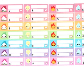 May include: A sheet of colorful stickers with illustrations of houses, light bulbs, flames, and raindrops. Each sticker has a space for writing a dollar amount and a heart. The stickers are labeled with the days of the week, from Thursday to Sunday.