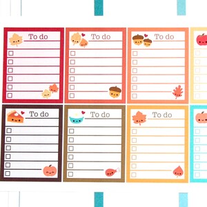 May include: Nine colorful to-do list stickers with fall-themed illustrations. Each sticker has a different color and features a cute cartoon character like a pumpkin, a pie, or an acorn. The stickers are labeled "To do" and have blank lines for writing tasks.