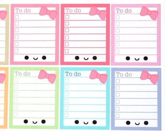 May include: Eight colorful to-do list stickers with pink bows and cute faces. Each sticker has a blank space for writing tasks and a check box for marking them off.
