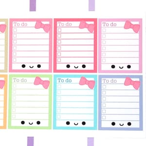May include: Eight colorful to-do list stickers with pink bows and cute faces. Each sticker has a blank space for writing tasks and a check box for marking them off.