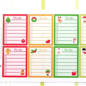 May include: Eight Christmas-themed to-do list stickers with cute illustrations. Each sticker has a red, orange, green, or yellow border and features a different holiday character, including a gingerbread person, a Christmas tree, Santa Claus, and a snowman. The stickers are designed for use in planners and journals.
