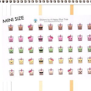 May include: Sheet of mini-sized stickers featuring various cartoon bubble tea designs with different expressions and accessories. Each drink has a straw and is in a clear cup. The stickers are from A Happy Blue Tree.