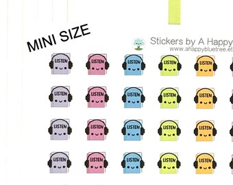 Happy MINI Audio Book Listen Tracker Reminder Cute Kawaii Planner Stickers Erin Condren Midori Calendar Podcast Study School Read Music