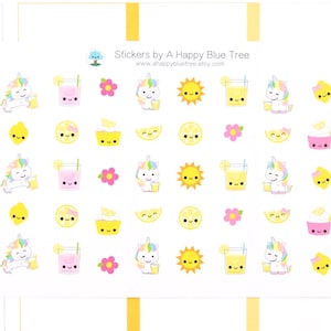 Happy Unicorn and Lemonade Stickers Erin Condren Life Planner ECLP Mambi Personal A5 B6 Plum Kikkik Kawaii Cute Midori TN Summer Lemon Drink