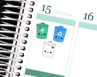 Happy Trash Recycle Green Waste  Bins Cans Reminder Kawaii Stickers Erin Condren planner, Midori Calendar Kikkik Funny Cute Waste