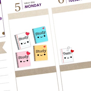 May include: Four colorful notebook stickers with the word "Study" and a happy face. One white sticker with the word "Test!" and a happy face.