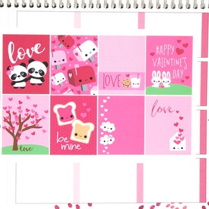 May include: A set of nine pink and white Valentine's Day stickers featuring various cute illustrations, including pandas, mailboxes, hearts, and a toast with the text "be mine".