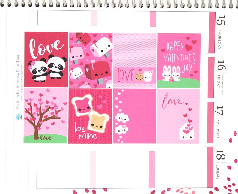 May include: A set of nine pink and white Valentine's Day stickers featuring various cute illustrations, including pandas, mailboxes, hearts, and a toast with the text "be mine".