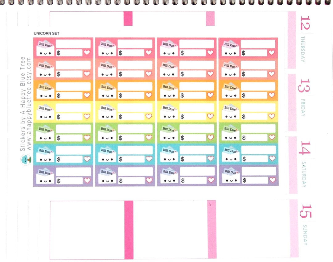 Happy or Sad Bill Due (UNICORN Kit Colors) Reminder Label Cute Kawaii ...