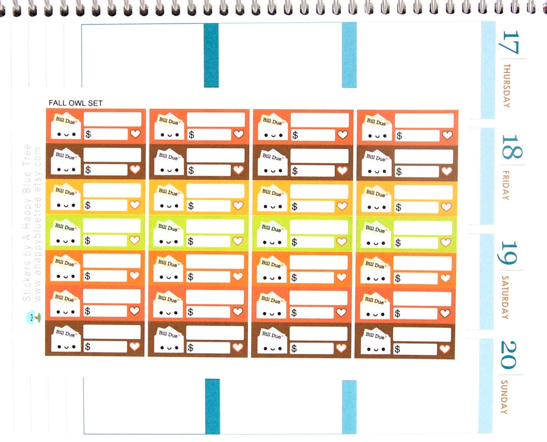 Happy or Sad Bill Due (FALL OWL Kit Colors) Reminder Label Cute Kawaii ...