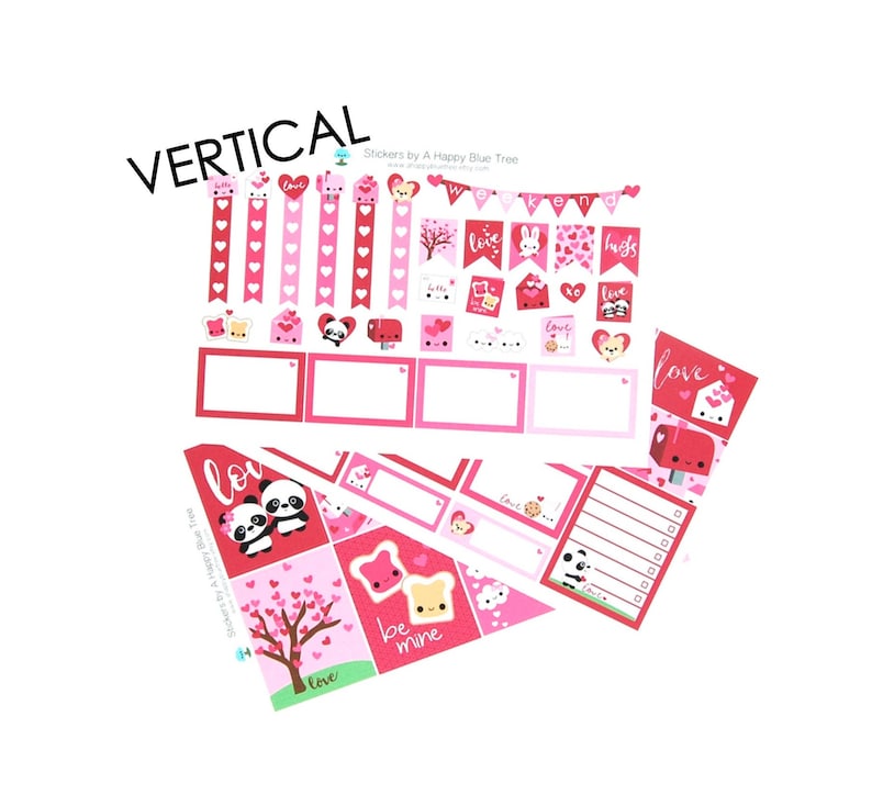 May include: A set of Valentine's Day themed stickers featuring pandas, hearts, and other cute designs. The stickers are arranged in a vertical format and include phrases like "love", "be mine", and "weekend".