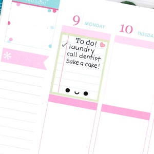 May include: A planner page with a to-do list on a sticky note. The list includes "laundry, call dentist, bake a cake!" The sticky note has a cute face and is placed on a pink and white background. The date is Monday, the 9th.