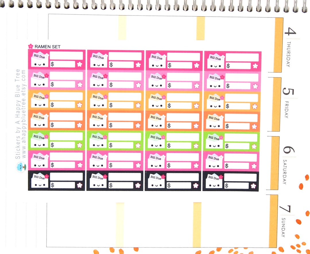 Happy Bill Due (RAMEN Kit Colors) Reminder Label Cute Kawaii Vertical ...