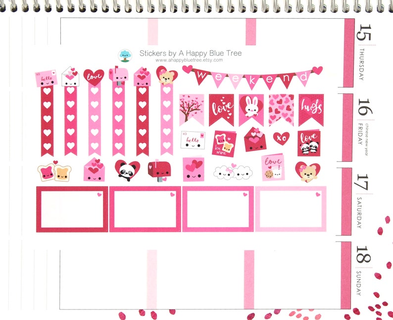 May include: A set of Valentine's Day themed stickers featuring hearts, banners, and cute illustrations. The stickers include phrases like "love", "hugs", and "weekend".
