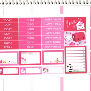 May include: Pink and red planner stickers with a Valentine's Day theme. The stickers feature hearts, mailboxes, and the words "love", "today", "to do", and "happy things".