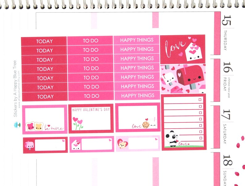 May include: Pink and red planner stickers with a Valentine's Day theme. The stickers feature hearts, mailboxes, and the words "love", "today", "to do", and "happy things".