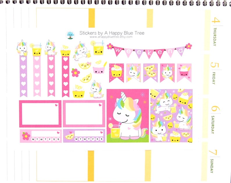 Happy Unicorn Lemonade Sticker Set 2 VERTICAL Erin Condren Life Planner ECLP Mambi Kawaii Cute Funny Weekly Kit Drink Pink Summer Lemon image 2