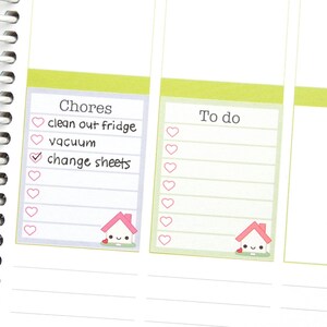 May include: A green and white checklist with the title "Chores" and a list of chores with checkboxes. The chores are "clean out fridge", "vacuum", and "change sheets". The checklist also has a cute house illustration with a pink roof and a heart.