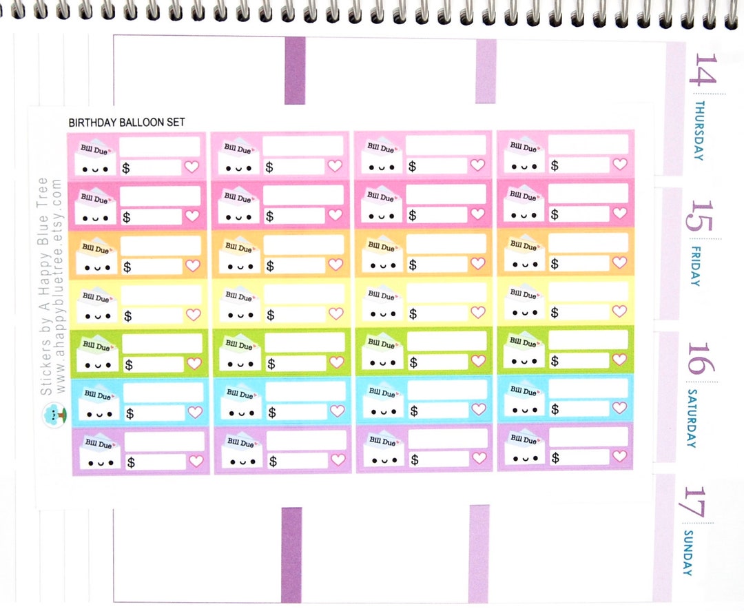 Happy or Sad Bill Due (BIRTHDAY Kit Colors) Reminder Label Cute Kawaii ...