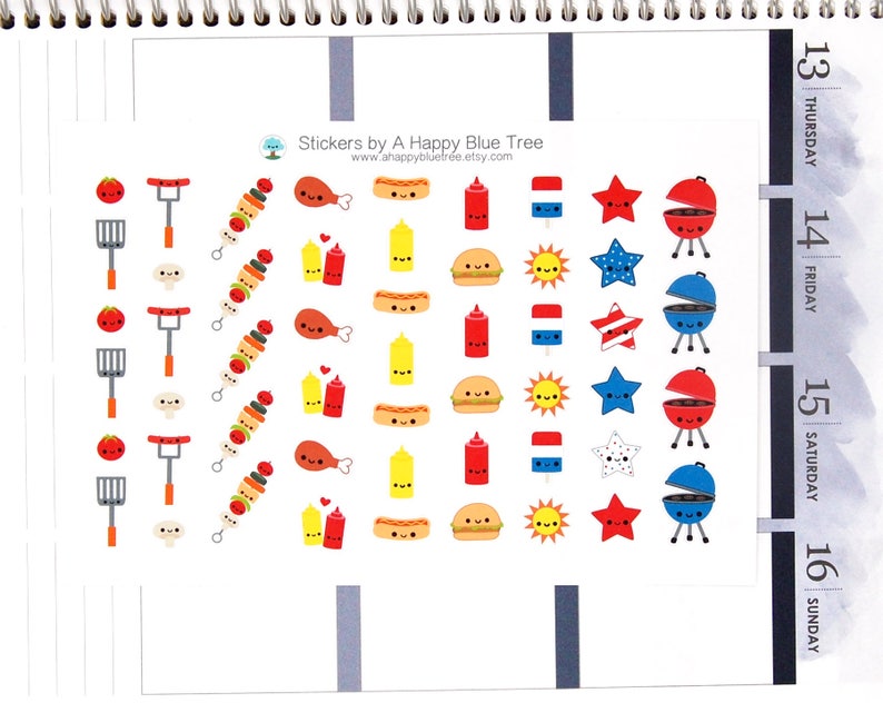 Happy Patriotic Red White Blue BBQ Stickers Erin Condren Life Planner ECLP Mambi Personal A5 Plum Kikkik Kawaii Cute Funny 4th July image 1