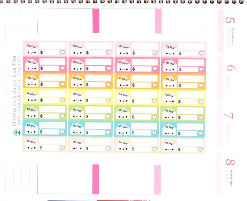 Happy or Sad Bill Due (BEACH Colors) Reminder Label Cute Kawaii ...
