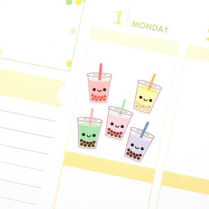 Happy Boba Bubble Tea Cup Tracker Reminder Cute Kawaii Planner Stickers Erin Condren Midori Notebook Calendar Scrapbook Drink Funny Cute