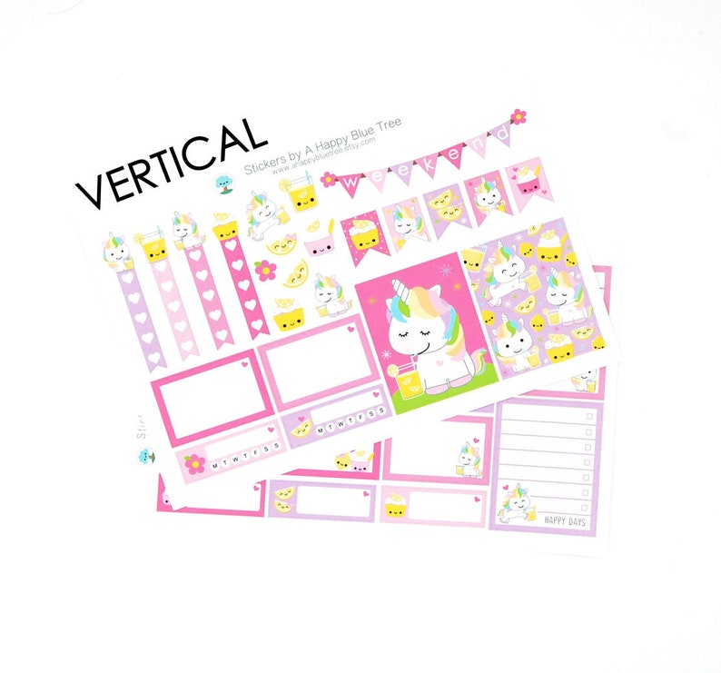 Happy Unicorn Lemonade Sticker Set 2 VERTICAL Erin Condren Life Planner ECLP Mambi Kawaii Cute Funny Weekly Kit Drink Pink Summer Lemon image 1