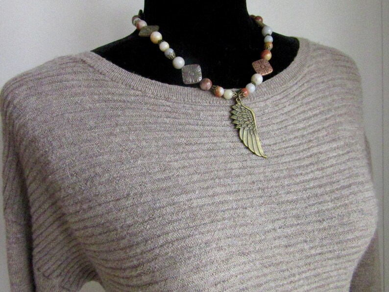 and multi color metal beads Antique gold feather necklace set with gorgeous mixed agate