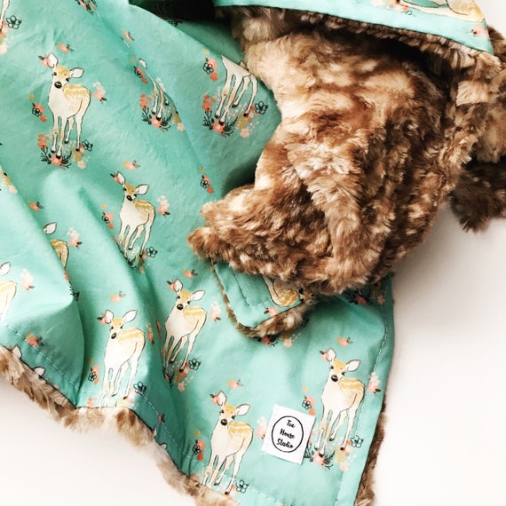 Teal Fawn Baby Blanket Deer Faux Fur Baby Blanket Floral Etsy
