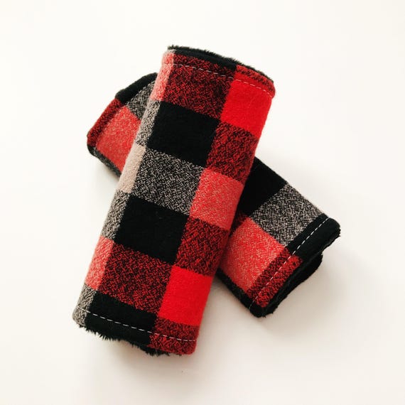 infant strap covers in red and black buffalo plaid with black minky
