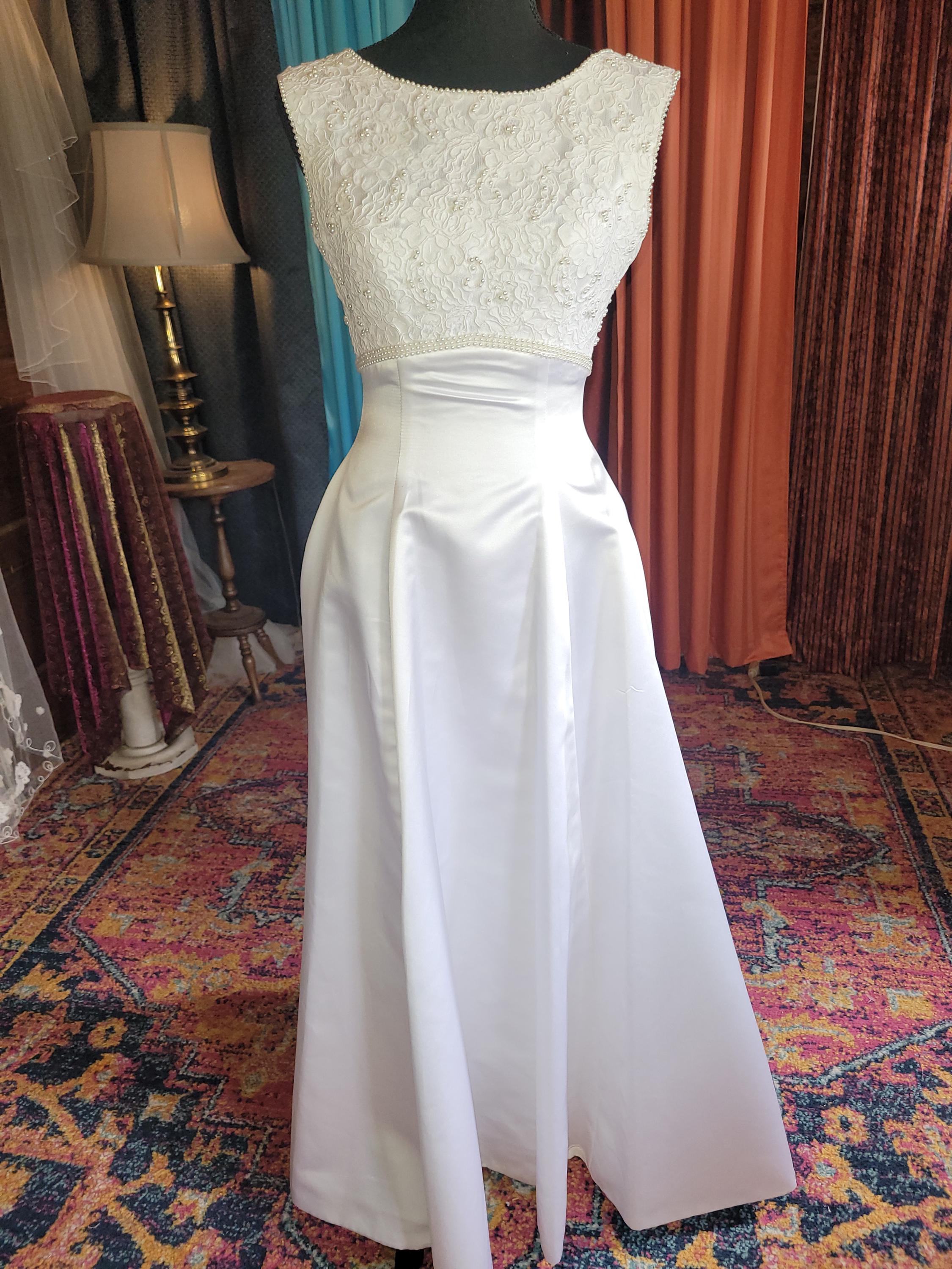 Vintage white satin wedding gown w/ detachable train (C-7a)