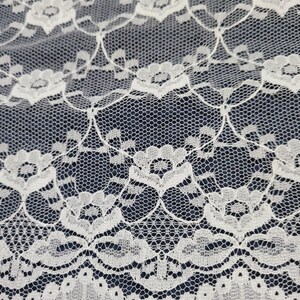 May include: Close-up of white lace fabric with a floral pattern. The lace features intricate designs and a delicate, open weave. The fabric is set against a dark blue background, highlighting the detailed texture and design.
