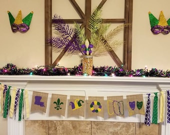 Bannière de Mardi Gras, décoration de Mardi Gras, nouvelle-orléans, gros mardi, bannière, toile de jute, bannière de manteau, décoration de fête, or vert violet