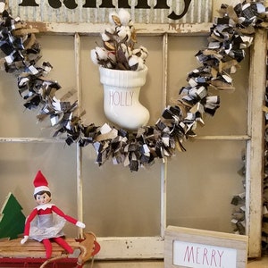 White check buffalo plaid,  rustic decor, buffalo plaid Christmas decor, scrap fabric garland, buffalo plaid garland, farmhouse,