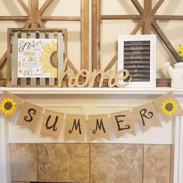 Sunflower Summer banner, Summer fun, mantle decor, burlap banner, home decor, farmhouse, rustic, sunflower.