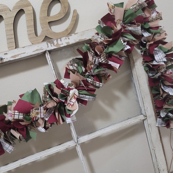 Christmas village garland, Christmas garland, Christmas decor, fabric garland, country Christmas, rustic decor, scrap fabric garland.