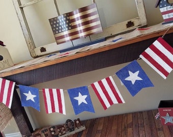 Flag banner, 4th of July, Memorial day,  Independence day,  red white & blue, burlap banner, mantle decor, bunting, Kabbiecrafts