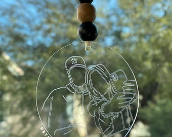 Custom Line Art Engraved Car Charm - Cute Rear View Mirror Accessory - Engraved Portrait on Acrylic - Gift for Her / Him - Christmas