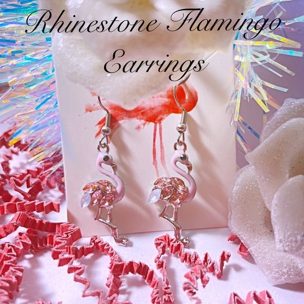 Silver Crystal flamingo dangle and drop earrings,  pretty, summer, tropical, pink crystal