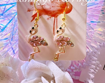 Gold Crystal flamingo dangle and drop earrings / pretty/ summer / tropical / pink crystal