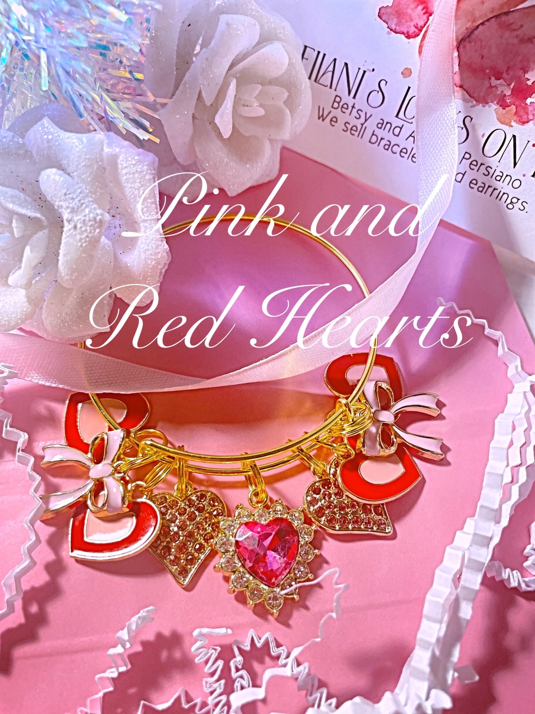 Valentines Day Gold Charm Bangle Bracelet, Pink Bangle, Heart Bangle