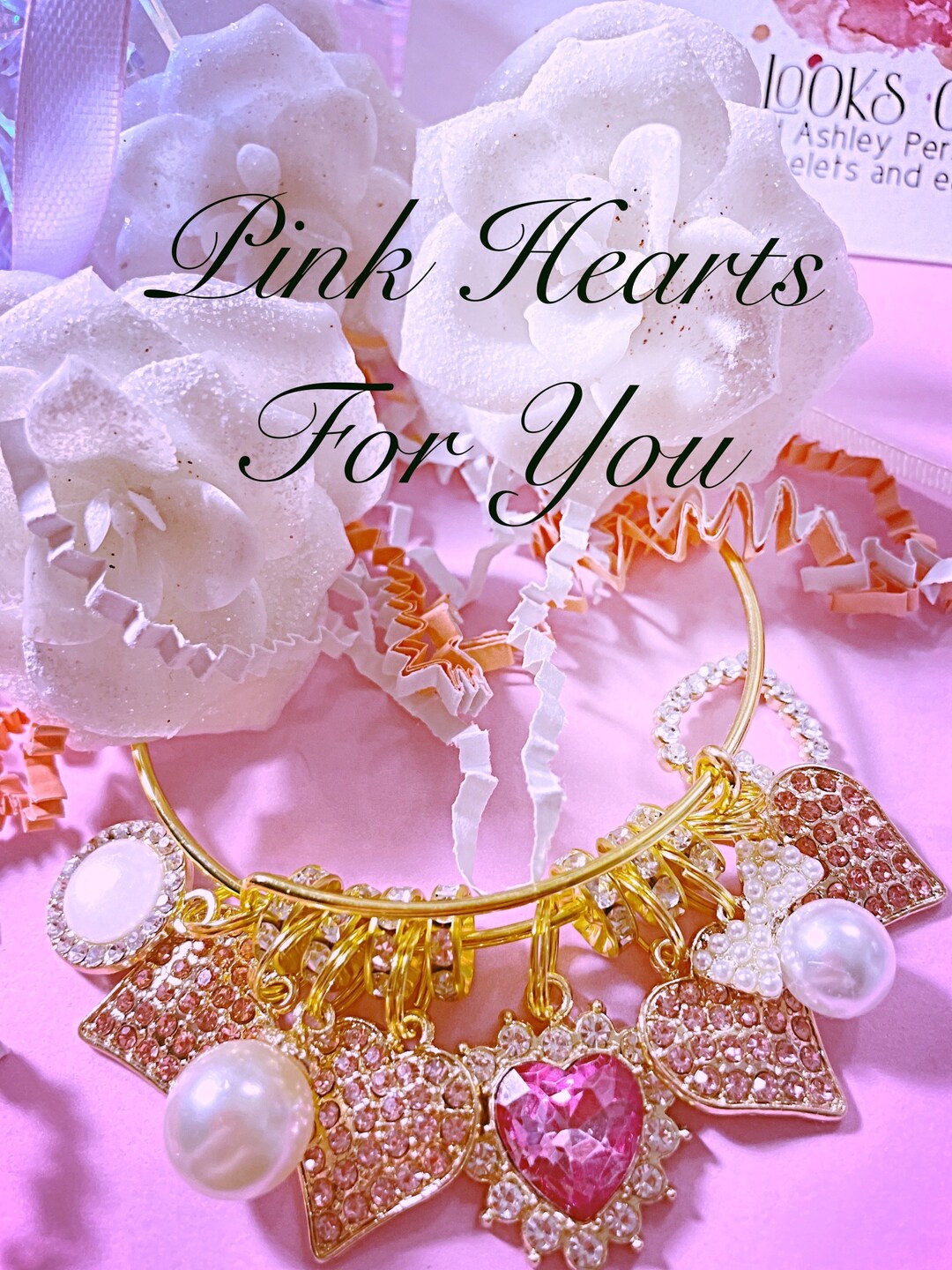 Valentines Day Gold Charm Bangle Bracelet, Pink Bangle, Heart Bangle